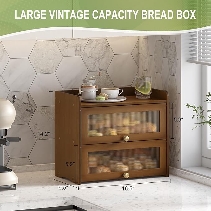 Large Bread Box for Kitchen Countertop Wooden Double Layer Breadbox Organizer with Window Vintage Farmhouse Bread Storage Container for Homemade Bread (Brown)