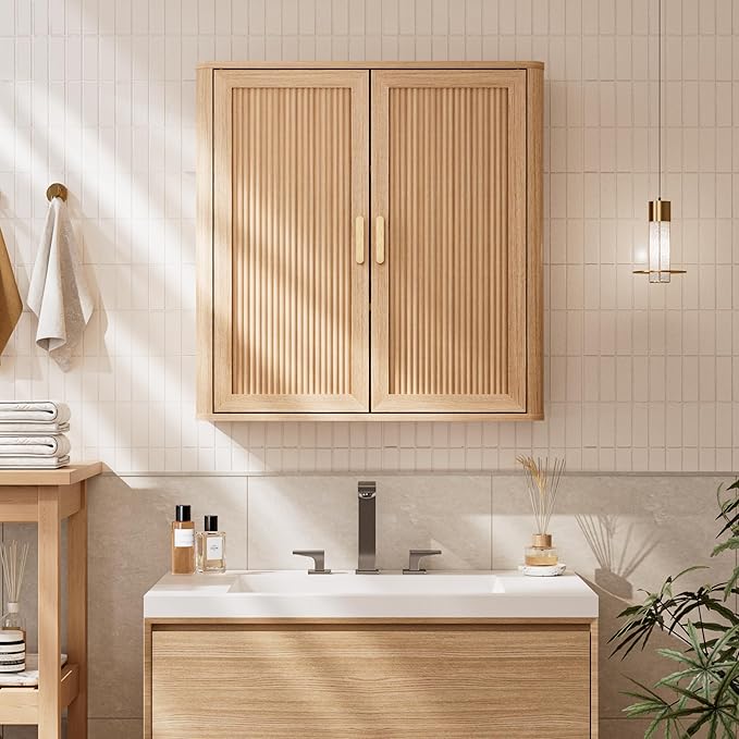 Bathroom Storage Cabinet, Over The Toilet Storage Cabinet, Medicine Cabinet with Adjustable Wood Shelf & Doors for Laundry Room & Kitchen & Living Room (Natural Oak)