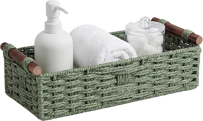 Back of Toilet Basket with Wood Handles, Green Wicker Toilet Paper Basket for Toilet Tank Top, Narrow Toilet Tank Basket, Bathroom Basket Organizer for Wipes & Essentials
