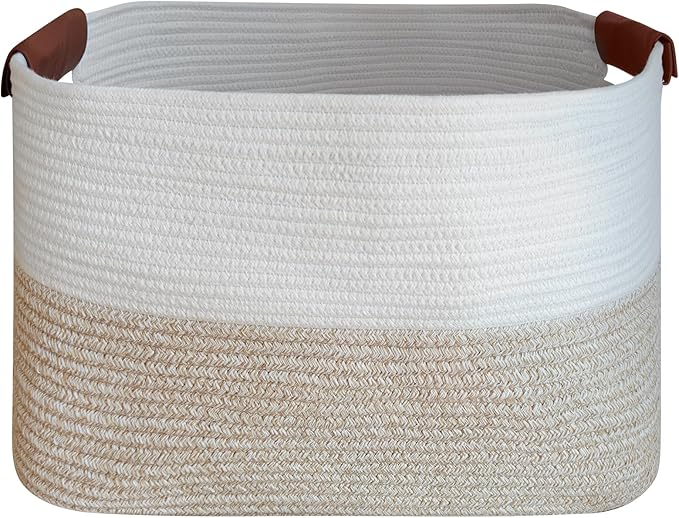 Small Cotton Rope Storage Basket with Leather Handles, 15 "L x 11.5" W x 7.5 "H, Home Decor Basket, Durable & Stylish Organizer for Home.(Small Light Khaki)