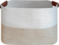 Small Cotton Rope Storage Basket with Leather Handles, 15 "L x 11.5" W x 7.5 "H, Home Decor Basket, Durable & Stylish Organizer for Home.(Small Light Khaki)