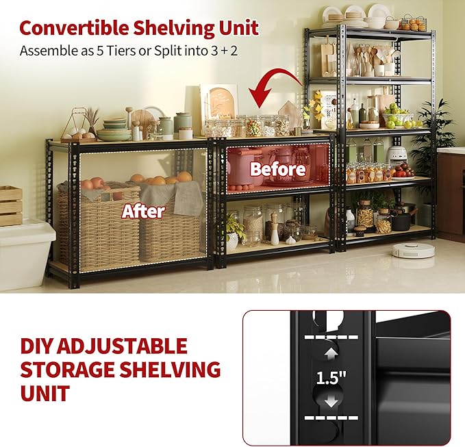 Heavy Duty Garage Storage Shelves, 3000 Lbs Capacity, 5-Tier Adjustable Storage Shelving Unit, 48" L x 24" W x 72" H Metal Shelving Racks for Kitchen Pantry Basement Bathroom Laundry
