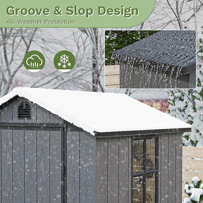 Patiowell 4' x 4' Outdoor Storage Shed with Floor, Plastic Shed Outside Resin Tool Shed with Window and Lockable Door for Backyard Garden Patio Lawn, Deep Gray