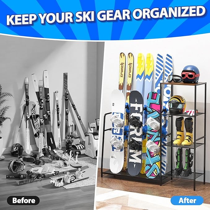 Freestanding Snowboard Rack - Ski Holders for 4 Pairs of Skis, 3 Pack Snowboard, Boot, Pole, Goggles, Helmet and More, Heavy Duty Steel Floor Stand Ski Organizer for Garage, Shed, Basement