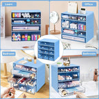 Desk Storage Organizer with 9 Drawers, 4 Tiers Stackable Desktop Craft Storage Drawers, Clear Storage Box Caddy for Stationary Makeup Jewelry Office Craft Supplies (Blue)