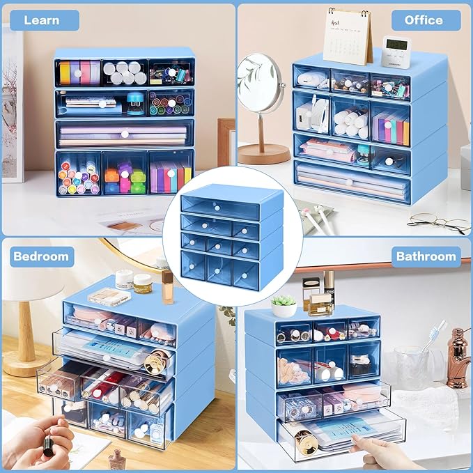 Desk Storage Organizer with 9 Drawers, 4 Tiers Stackable Desktop Craft Storage Drawers, Clear Storage Box Caddy for Stationary Makeup Jewelry Office Craft Supplies (Blue)