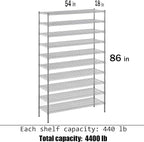 18" Deep x 54" Wide x 86" Height Wire Shelving Kit | 10-Tier | NSF Commercial Storage Rack Unit