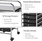 Yaheetech Rolling Cart Organizer Plastic Trolley with 10 Storage Drawers Utility Cart on Wheels Art Craft Organizer Ample Storage Space, Black