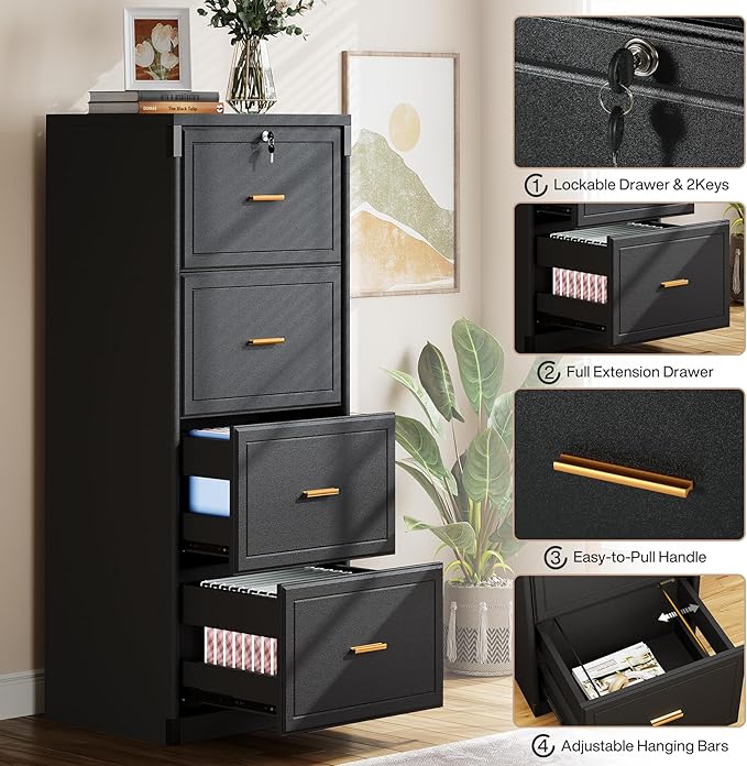 Tribesigns 4-Drawer File Cabinet with Lock, Locked File Cabinet with Key, Tall Wooden Filing Cabinets for Home Office, Vertical Office Storage for Legal Size/Letter/A4/Files, Black