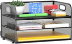 3 Tier Paper Organizer Tray with Handle, Mesh Letter Tray for Office, Home, School (1 Pack), Black