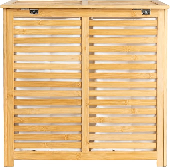 Household Essentials Bamboo and Cotton Double Laundry Sorter with Lid and Removable Cotton Bags, Natural