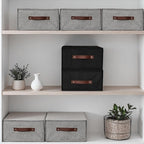 Closet Drawer Organizer Stackable Fabric Storage Boxes Bins Baskets with Lid PU Leather Handles Foldable Washable Cotton Linen Wardrobe Shelf Clothes Towels Container (Gray, Large)