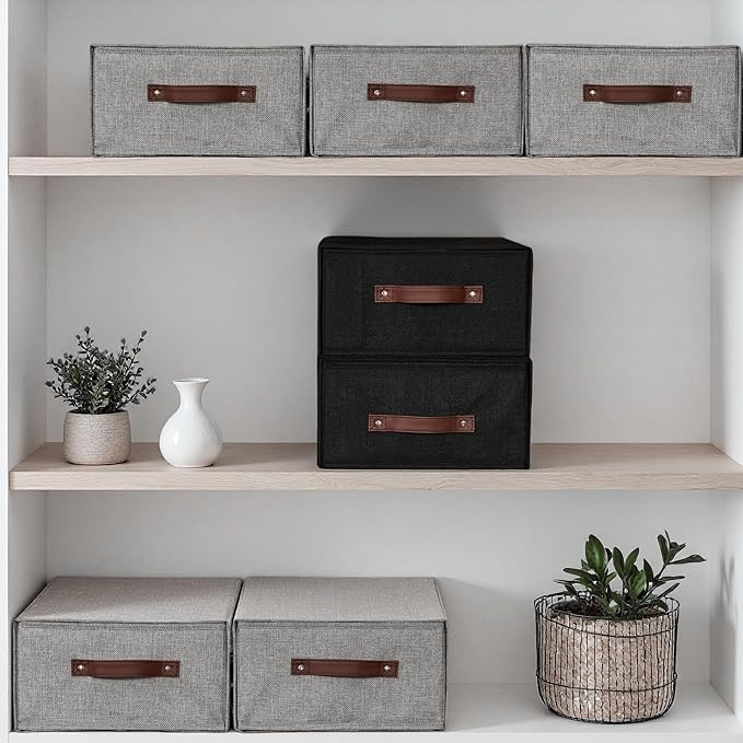 4PCS Closet Drawer Organizer Stackable Fabric Storage Boxes Bins Baskets with Lid PU Leather Handles Foldable Washable Cotton Linen Wardrobe Shelf Cloth Towels Container (Gray, Large)