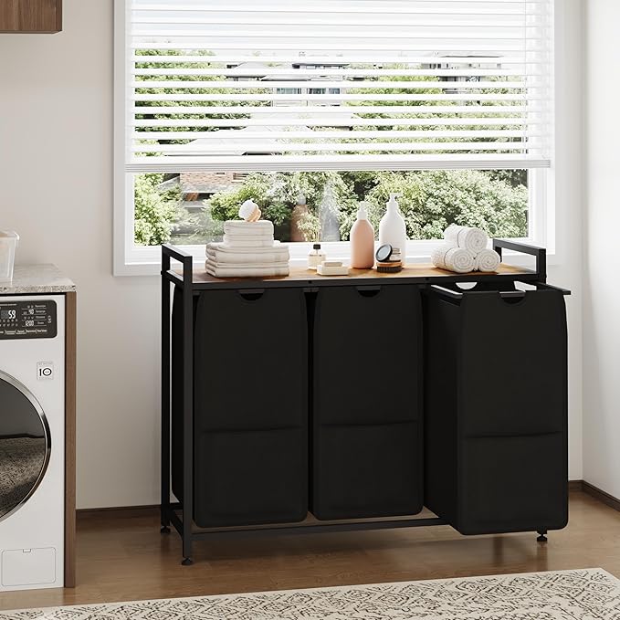 Laundry Sorter with 100lb Wood Shelf, Black 3-Section Hamper, Heavy Duty Metal Basket, Pull-Out 48L Bags Organizers and Storage, Freestanding, 36.6x13x28.5 in