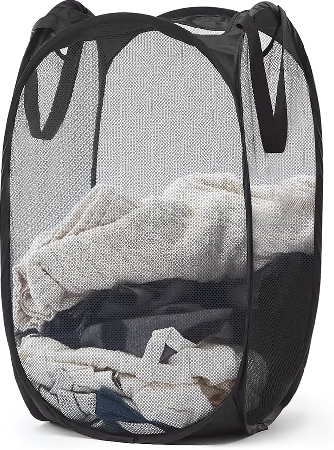 DecorRack 1 Pack Mesh Pop Up Laundry Hamper, Lightweight Foldable Clothes Basket with Easy Carry Handles, Durable Mesh Design for Air Circulation and Simple Storage, Black (1 Pack)