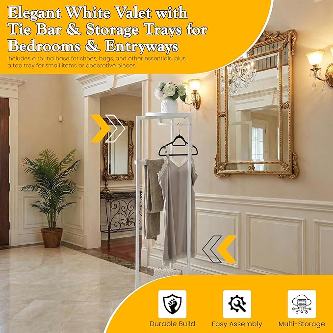 Kings Brand Furniture Suit Valet Stand, Coat Rack with Rods & Storage Trays - Tie Jacket Hanger, Freestanding Clothing Organizer Perfect for Bedrooms & Entryways, White