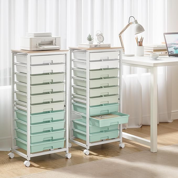 Rolling Cart with Drawers,10 Drawer Rolling Cart,Storage Cart,Utility Cart,Teacher Cart for Classroom Storage,Craft Cart with Wheels and Wooden Tabletop,Green