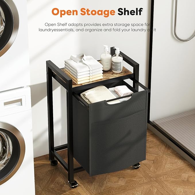NEWBULIG Laundry Hamper with Removable Pull-Out Bag, Freestanding Clothes Basket Organizer with Wheels for Bathroom & Bedroom, 1 x 18.3 Gallon (69L) - Rustic Brown & Black