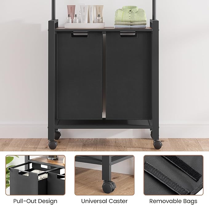 Large Laundry Hamper With Hanging Clothes Rack –2-Section Rolling Laundry Basket With Removable Pull-Out Sorting Bags, Wheeled Organizer for Laundry Room, Bathroom & Bedroom（2 Hampers, black）