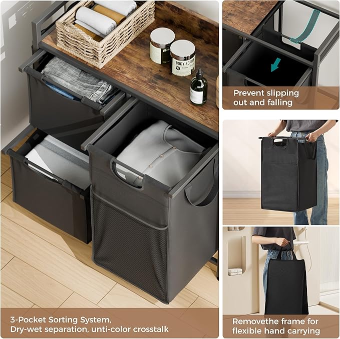 Laundry Sorter with 3 Sections, Laundry Hamper with Wheels, Laundry Basket with Small Side Pockets and Pull-Out Removable Liners,for Laundry Room Bedroom Bathroom (100L)