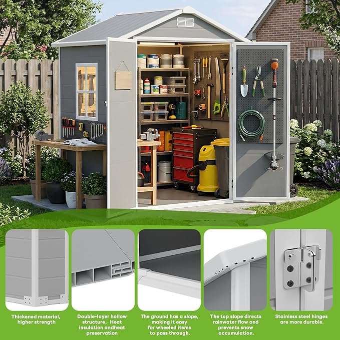 AIRAJ 6x4 FT Outdoor Storage Shed,Resin Storage Shed with Floor/Window/Vent/Roof Rainwater Drainage/Lockable Door,All-Weather Garden House,for Backyard, Garden,Poolside,Bike,Lawn Mower,Patio Furniture