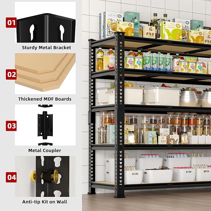 6 Packs 48" W x 24" D x 72" H Adjustable Garage Storage Shelves - 5-Shelf Heavy Duty Shelving Unit, Metal Utility Storage Organizer Racks for Warehouse Pantry Closet Kitchen, Black