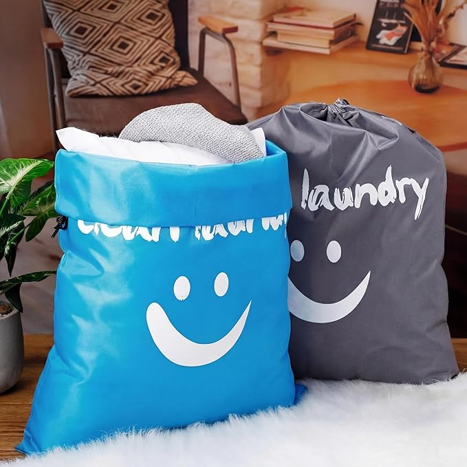 Shappy 2 Pieces XL Clean Laundry Bags Nylon Travel Laundry Bag with Drawstring Machine Washable Dirty Clothes Organizer Bag Storage Bags for Hamper or Basket, Gray and Blue, 23.6 x 17.7 Inch