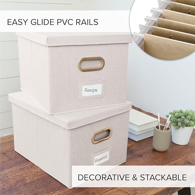 ZICOTO Decorative File Organizer Box Set of 2 - Collapsible Linen Filing Cabinets w/Handles Are Perfect to Store all Your Documents & Hanging File Folders - Portable Easy Slide Crates with Lid