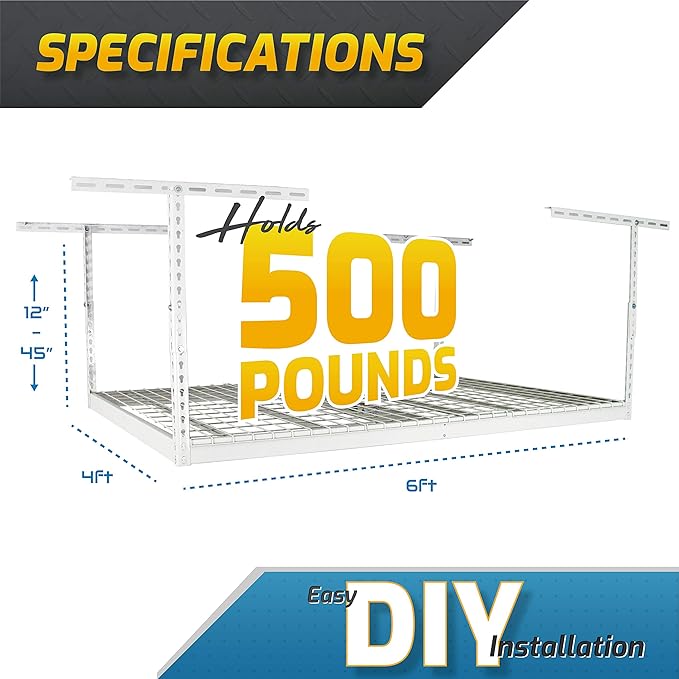 MonsterRax Overhead Garage Storage Racks 4x6, Heavy Duty Industrial Steel Construction, Ceiling Mounted Shelving Platform, 24"-45" Adjustable Hanging Storage Organizer, White (Two-Pack)