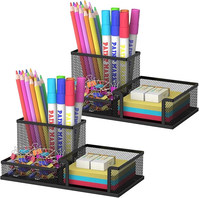 SUPEASY Pen Holder Desk Organizer, 2Pack Office Supplies Pencil Holder with 3 Compartments, Desk Accessories and Workspace Organizers for Home School, Black