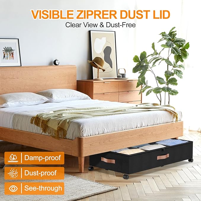 Under Bed Storage with Wheels, 2 Pack Under Bed Storage Containers with Dividers & Clear Lids, Under the bed storage Organizer Bins,Underbed Storage with Wheels for Clothes,Toys,Shoes (Black, 2 Pack)