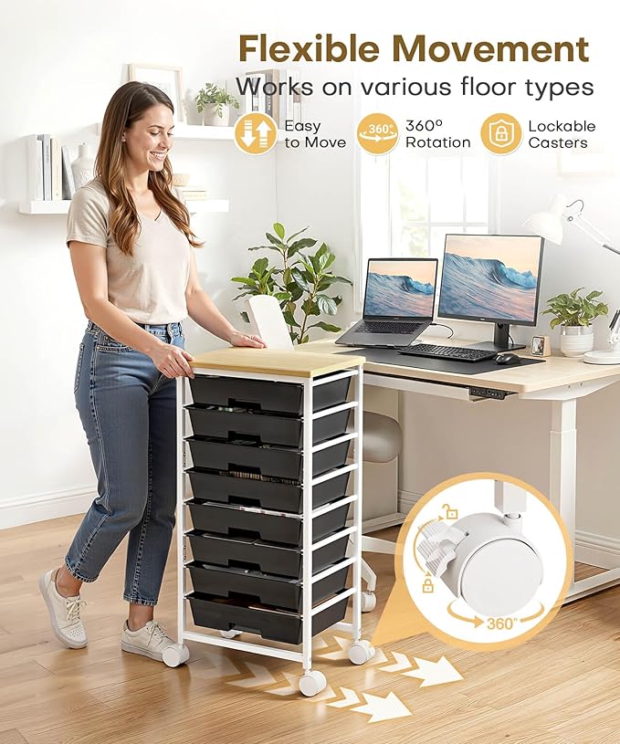 Homde Rolling Storage Drawer Cart: 8-Drawer Sort to Clear Desk & Dresser Clutter - Anti-Fall Smooth Glide Prevents Spill-Out During Daily Grab - Lockable Wheels Keep It Steady