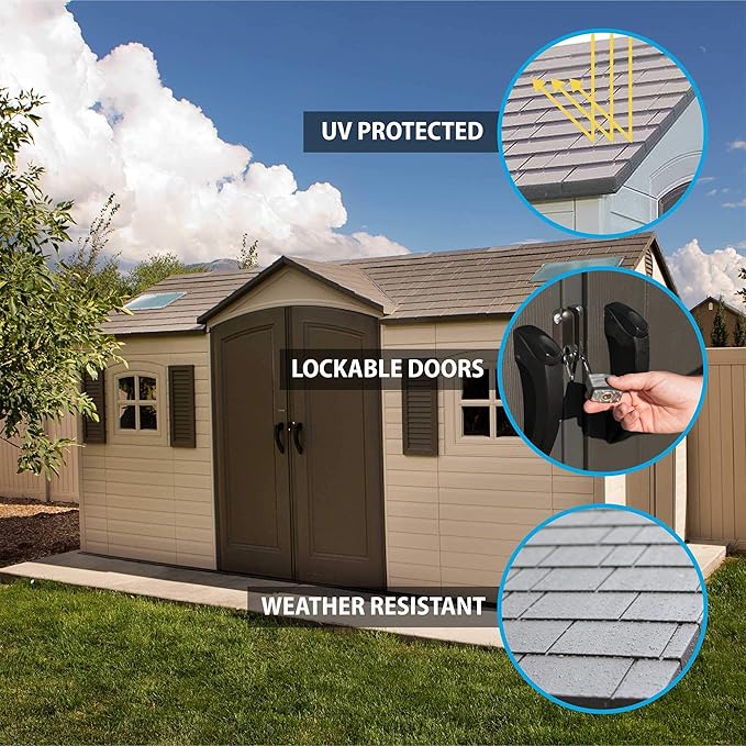 Lifetime 15×8 Ft Dual‑Entry Outdoor Storage Shed, Steel‑Reinforced, UV‑Protected, Weather‑Resistant Backyard Garden Shed with Skylights, Windows & Shelving, Desert Sand