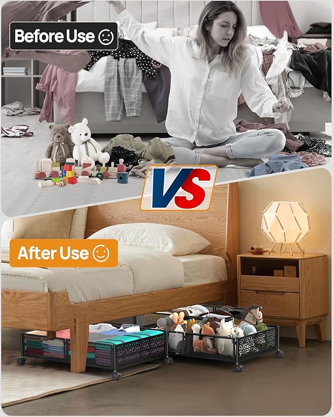 Under Bed Storage with Wheels, Foldable Pattern Carved Metal Under Bed Storage Containers, 60L Rolling Underbed Storage, Easy Assembly Under The Bed Storage for Shoes, Clothes, Blankets...
