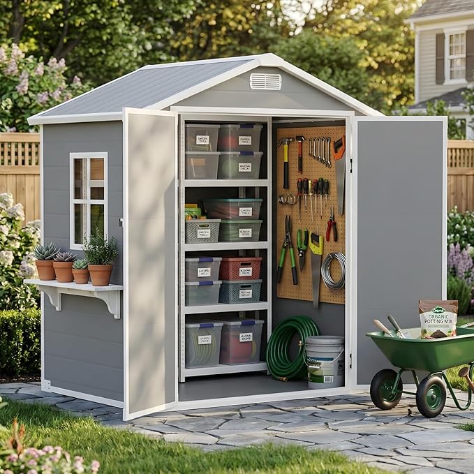 AIRAJ 6x4 FT Outdoor Storage Shed,Resin Storage Shed with Floor/Window/Vent/Roof Rainwater Drainage/Lockable Door,All-Weather Garden House,for Backyard, Garden,Poolside,Bike,Lawn Mower,Patio Furniture