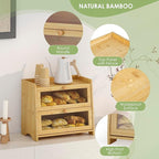 Double Layer Bread Box for Kitchen Countertop, Large Breadbox Bread Container Storage with Acrylic Door, Wooden Farmhouse Bread Holder (Bamboo, Medim-15.7" L x 9.5" W x 13" H)
