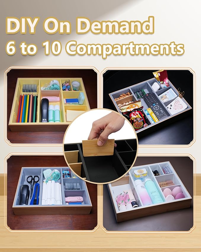 Office Drawer Organizer, Bamboo Desk Drawer Organizer with 4 Removable Dividers, Desk Organizers and Accessories with 10 Adjustable Compartments for Office Home Gray
