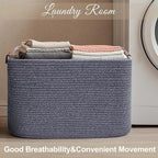 Large Cotton Rope Storage Basket with Leather Handles, Laundry Hamper Baskets, 20 "L x 14" W x 12 "H, Storage Blanket & Toy , Home Decor Basket. (Large Dark Grey)