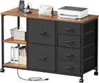 6 Drawer File Cabinet with Charging Station Rolling Printer Stand with Open Storage Shelf Fabric Lateral Filing Cabinet for Home Office,Rustic Brown