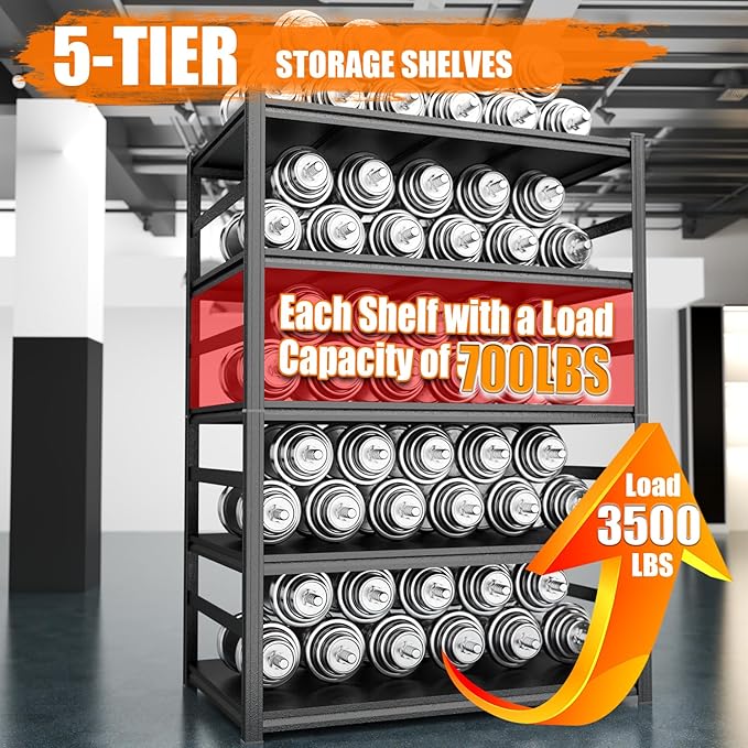 5 Tier Adjustable Metal Shelf Garage Shelving Unit 3500 LBs Storage Shelves Heavy Duty, Industrial Storage Racks Utility Shelf Organiazation for Tools Garage Basement Warehouse 47.2"W*23.6"D*87.8"H