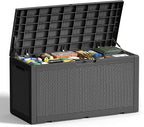 EFU Outdoor Storage Box 100 Gallon Deck Box Resin Outdoor Toy Storage With Lockable Lid, Hydraulic Struts, Rattan Style Package Delivery Boxes for Outside Patio Yard Garden (Black)