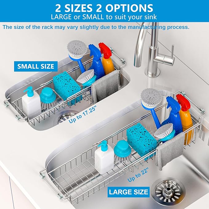 Over The Kitchen Sink Caddy Sponge Holder Organizer Drying Rack Expandable for Sponge Brush Soap Dish Cloth Rag, Stainless Steel (12.25" to 17.25")