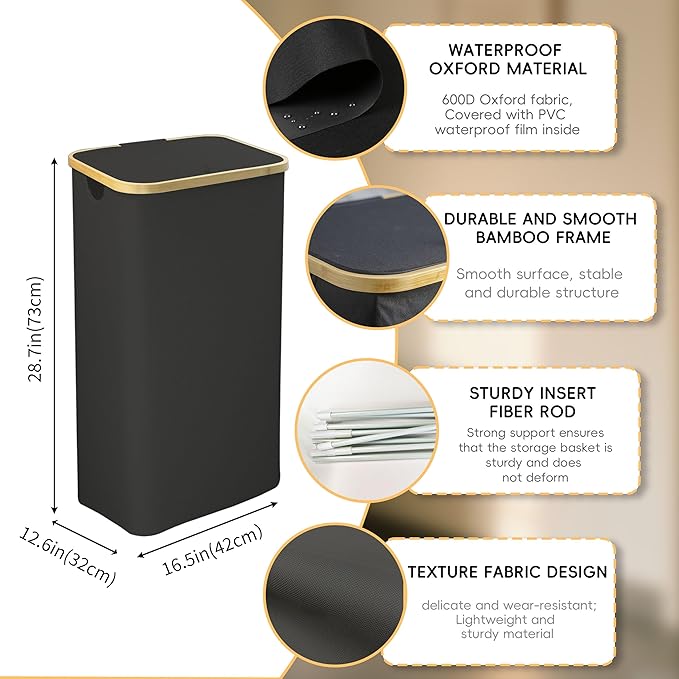 100L Laundry Hamper with Lid,Collapsible Laundry Basket, Dirty Clothes Basket, Storage Case with Bamboo Support - Handles - Removable Inner Bag - 2x Washing Mesh Bags for Bedroom Dorm Bathroom (Black)