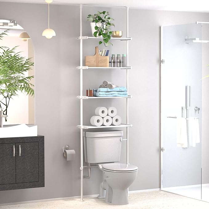 Home Zone Living Over-the-Toilet Organizer with Adjustable 4-Tier Shelves, Tension-Mounted Bathroom Storage Rack for Ceilings 91" to 114" High, White