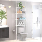 Home Zone Living Over-the-Toilet Organizer with Adjustable 4-Tier Shelves, Tension-Mounted Bathroom Storage Rack for Ceilings 91" to 114" High, White