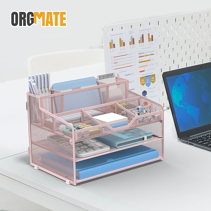 3 Tier Mesh Desk Organizer,Multi Functional Letter Paper Tray with 3 Pen Holders and 5 Adjustable Storage Compartments for Office Supplies Files and Mail Space Saving Desktop Organizer-Pink
