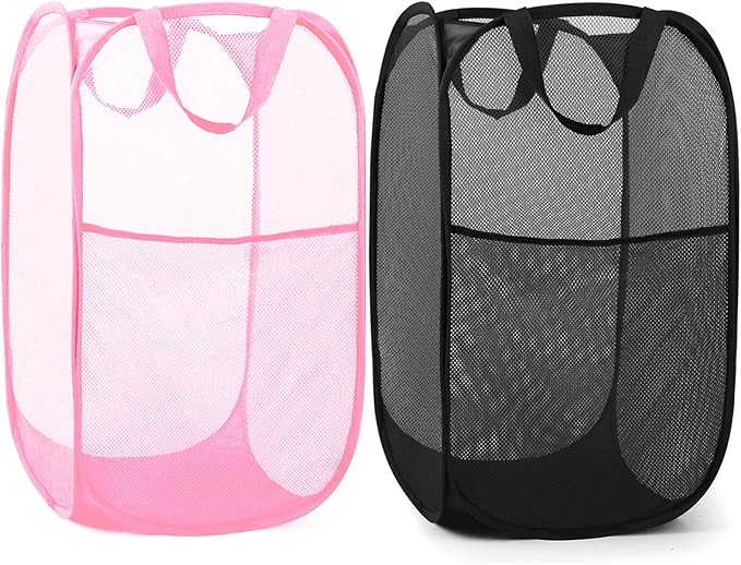Durable Collapsible Laundry Baskets - Reinforced Mesh Pop Up Laundry Hamper with Pocket, Foldable Dirty Clothes Hamper with Carry Handles for Laundry, Bathroom, Kids Room, Dorm or Travel Pink+Black