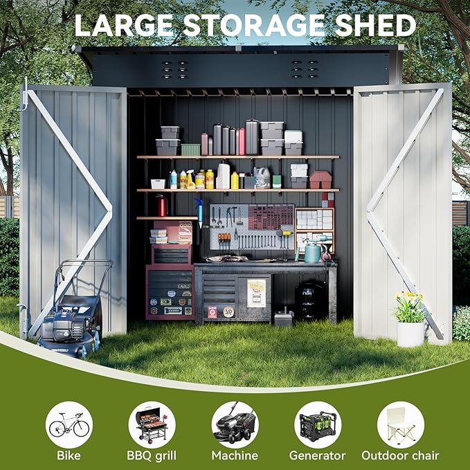 COMHOMA Shed Outdoor Storage Shed Metal,Lockable Doors Tool Sheds with Sloping Roof,Steel Garden Shed with Air Vent for Backyard,Patio,Lawn,Poolside(Grey,6'*4')