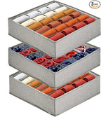 3 Pack 72-Cell Fabric Sock Organizer and Tie Organizer For Men - Fabric Foldable Drawer Divider for Socks, Underwear, Ties and Belts - Foldable, Multi-Cell Design, Space-Saving (Grey)
