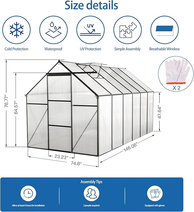 6X12FT Greenhouse for Outdoor, Polycarbonate Greenhouse with Raised Base and Anchor, Heavy-Duty Walk-in Green House with Adjustable Roof Vent and Gutter System for Patio,Backyard (Black, 6x12 FT)